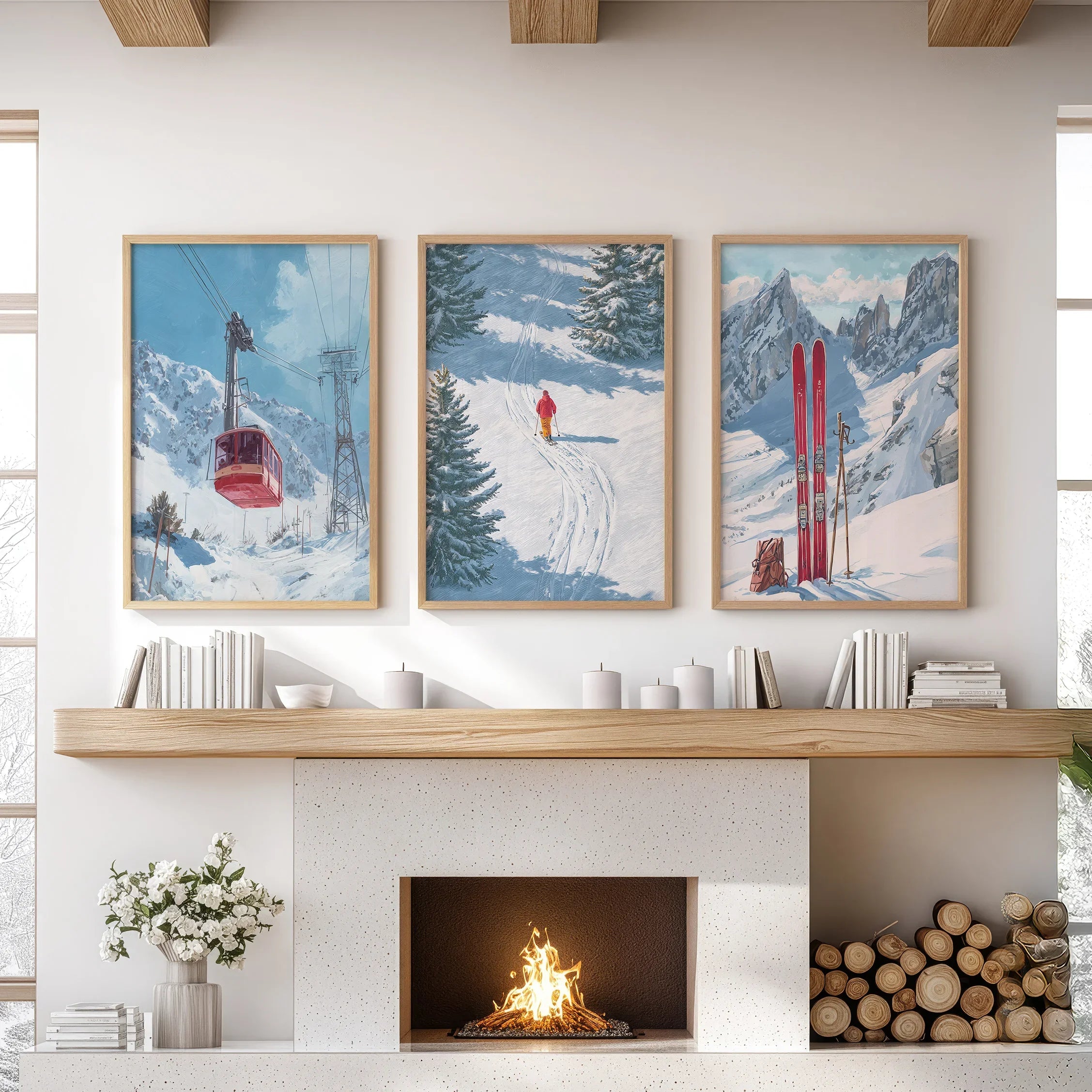 Snowy Mountain Wall Art Set: Skier, Red Skis, Snowy Trees
