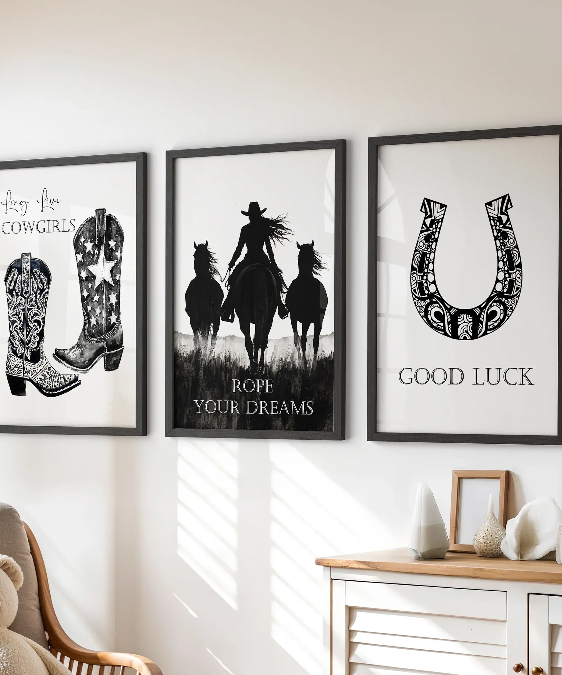 Black White Western Cowgirl 3 Piece Art. Boots, Horseshoe