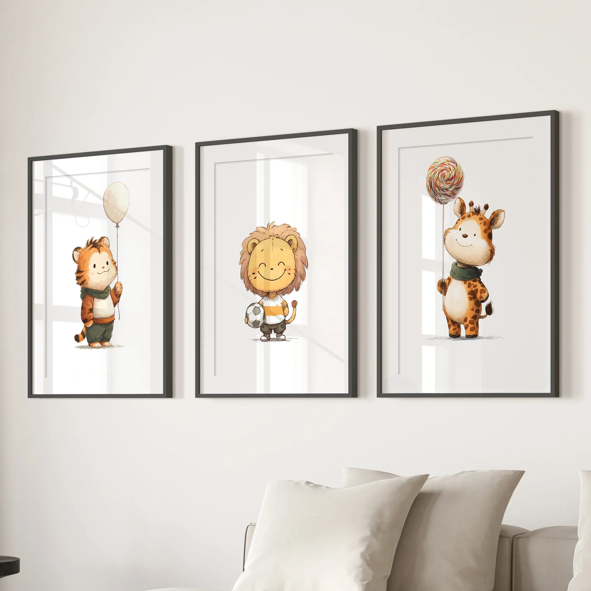 Woodland Jungle Set of 3 Prints. Lion, Giraffe, Tiger Art