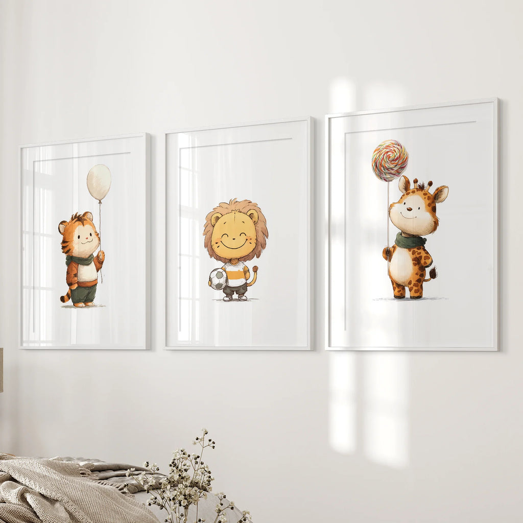 Woodland Jungle Set of 3 Prints. Lion, Giraffe, Tiger Art