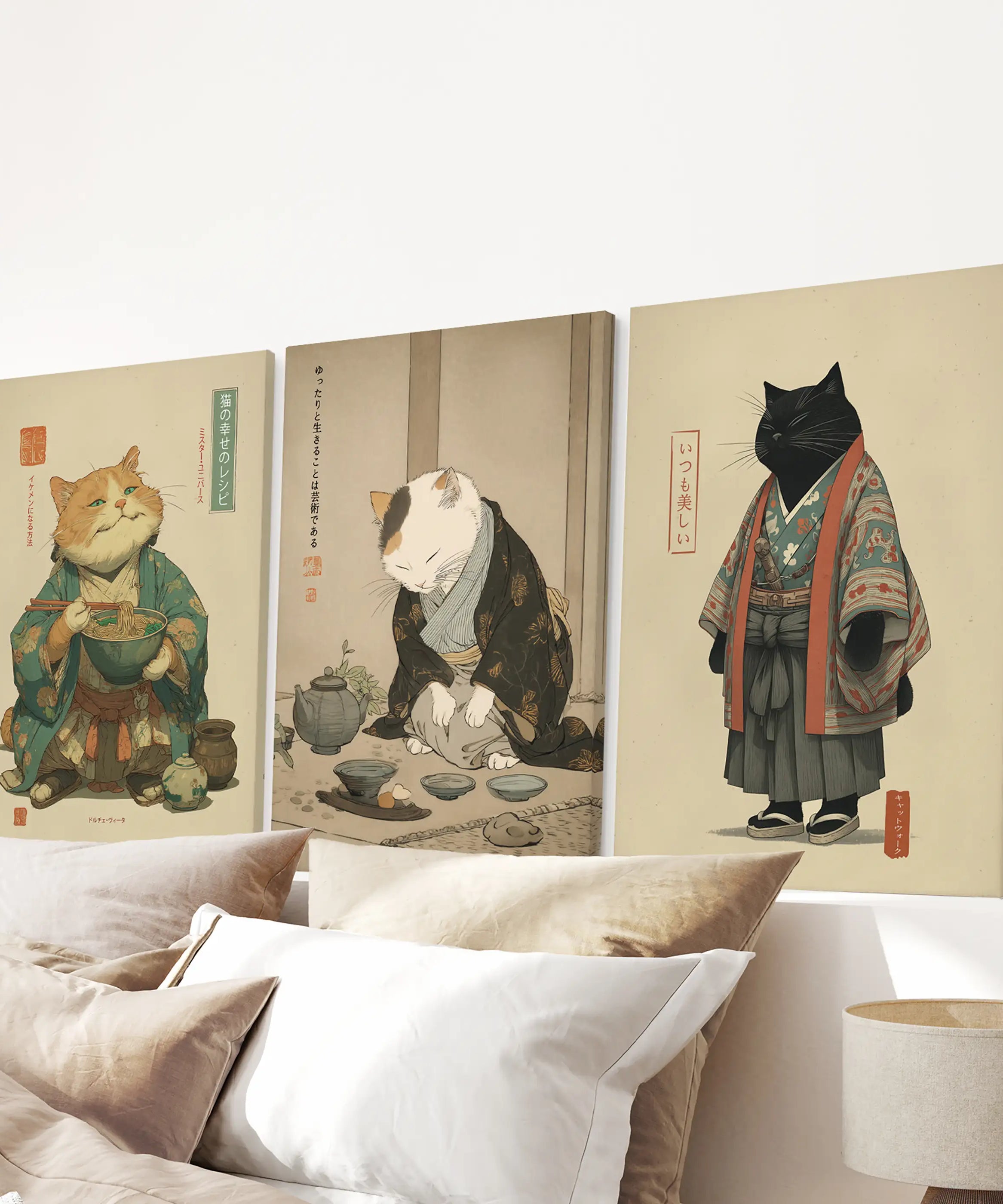 Japanese Ukiyo-e Style Cat Wall Art Set of 3. Tea Ceremony