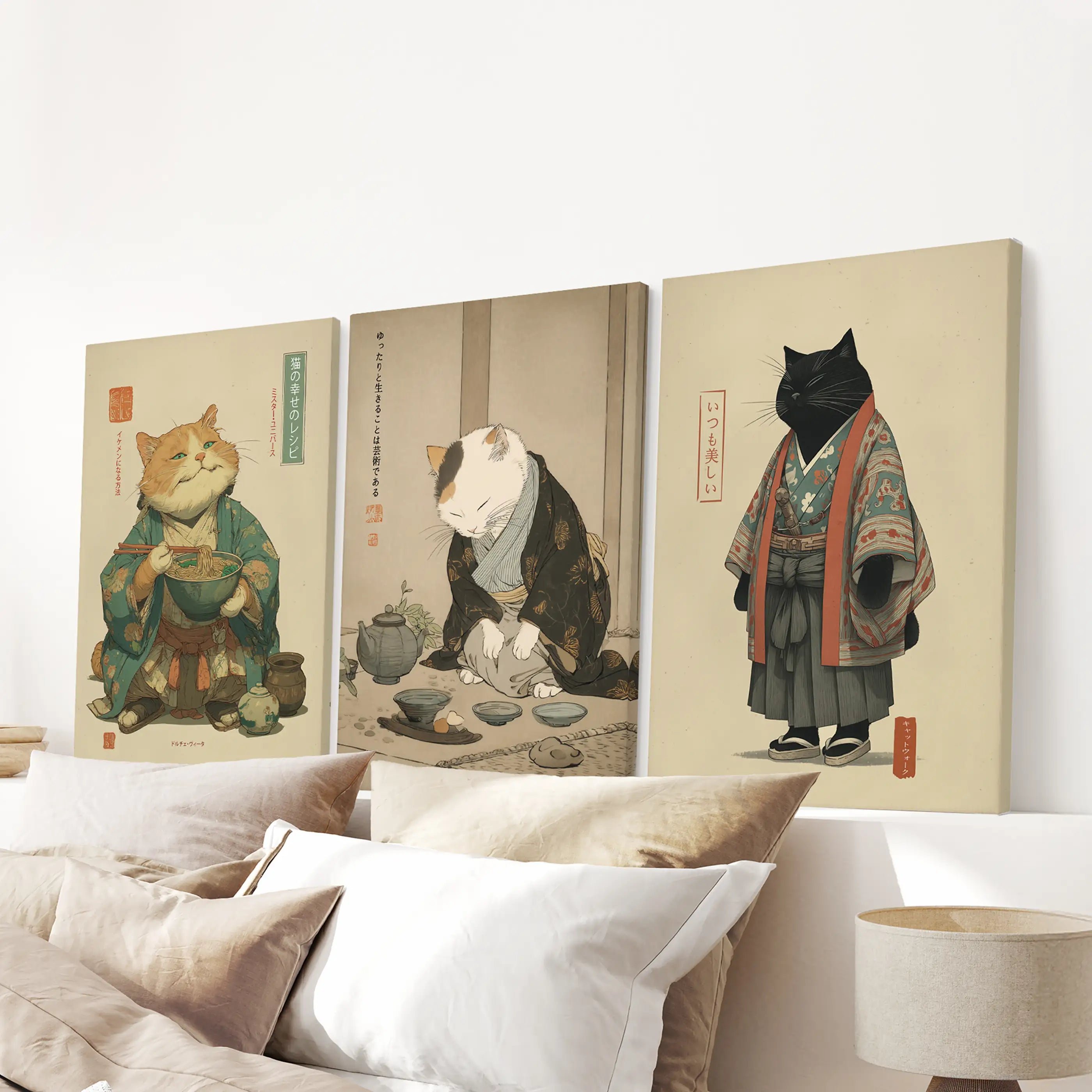 Japanese Ukiyo-e Style Cat Wall Art Set of 3. Tea Ceremony
