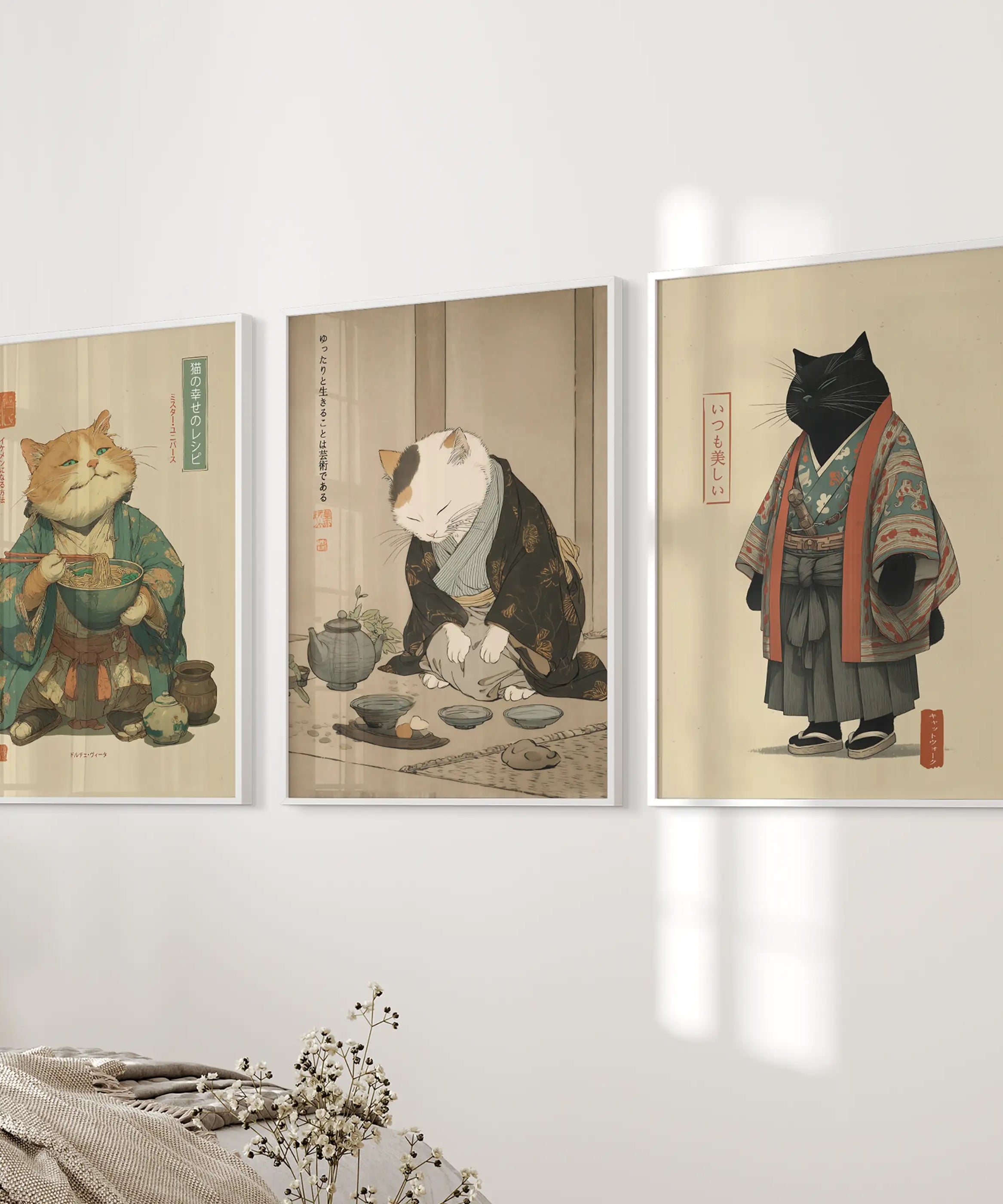 Japanese Ukiyo-e Style Cat Wall Art Set of 3. Tea Ceremony