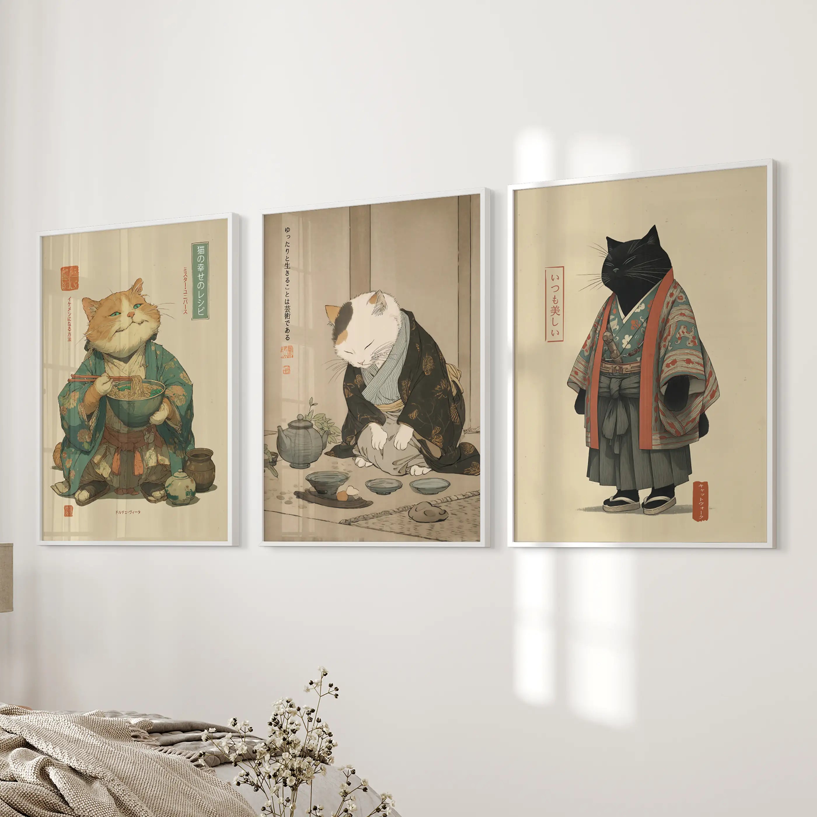 Japanese Ukiyo-e Style Cat Wall Art Set of 3. Tea Ceremony