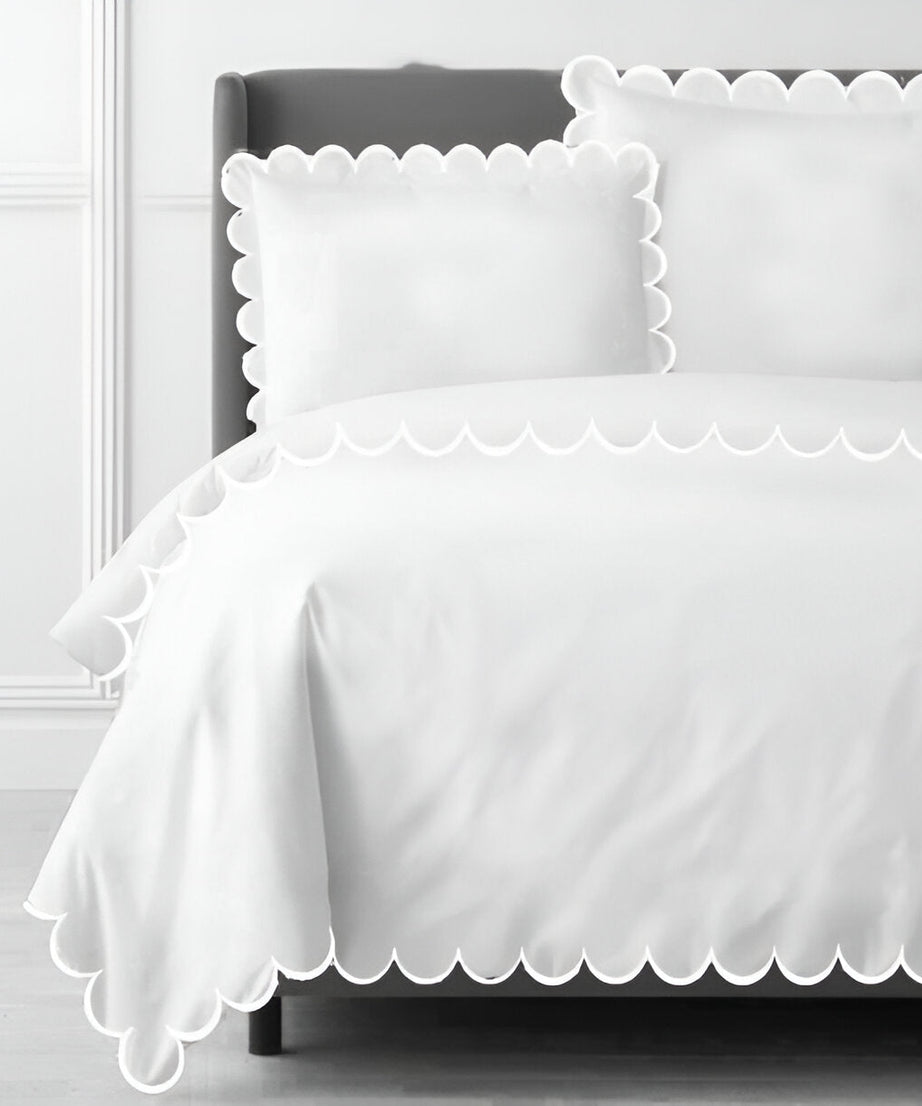 Allena 400TC Cotton Scallop Embroidery Sateen Solid Duvet Cover Set