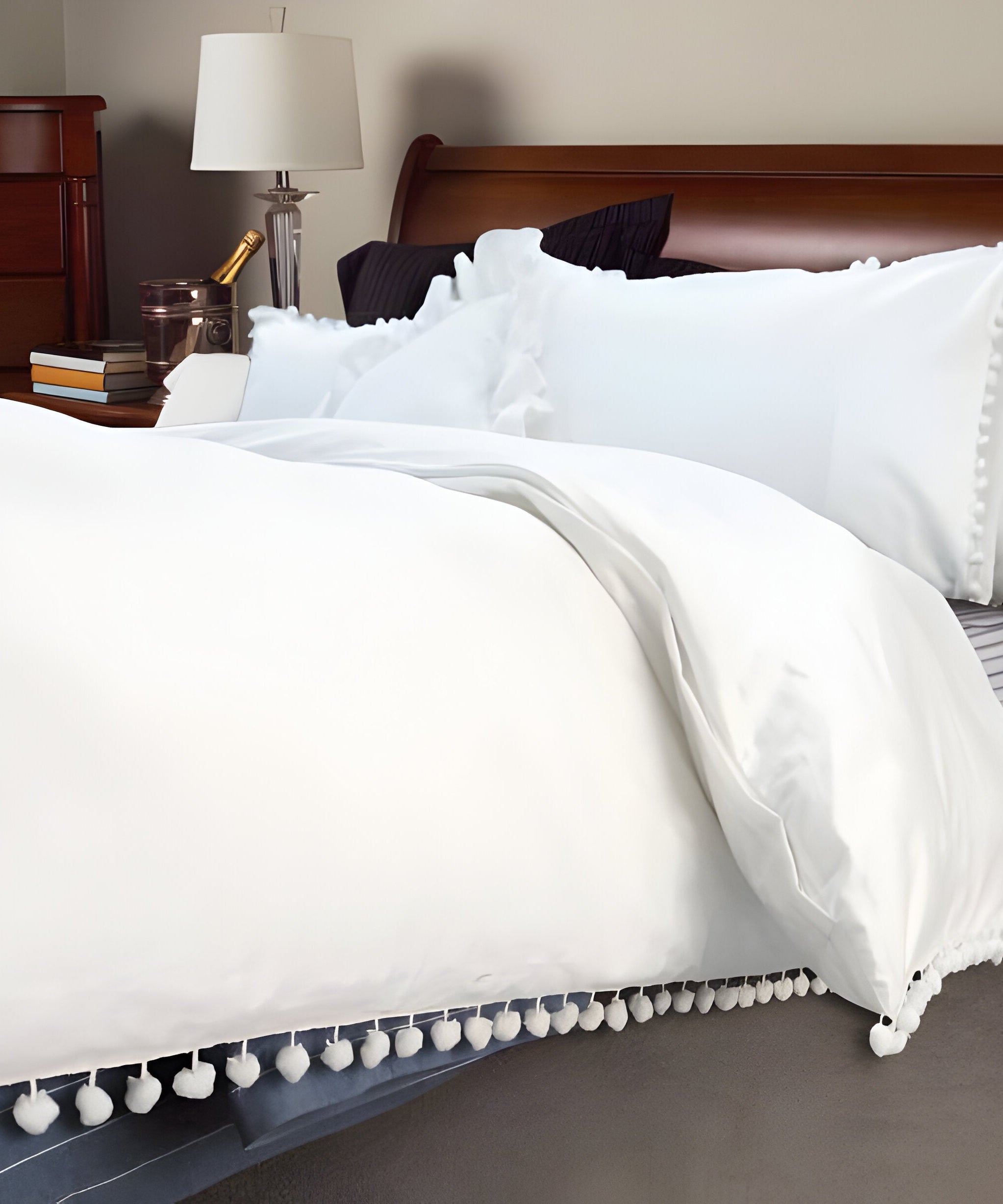 400TC Cotton Pom Fringe Sateen Solid Tone Boho Duvet Cover Set