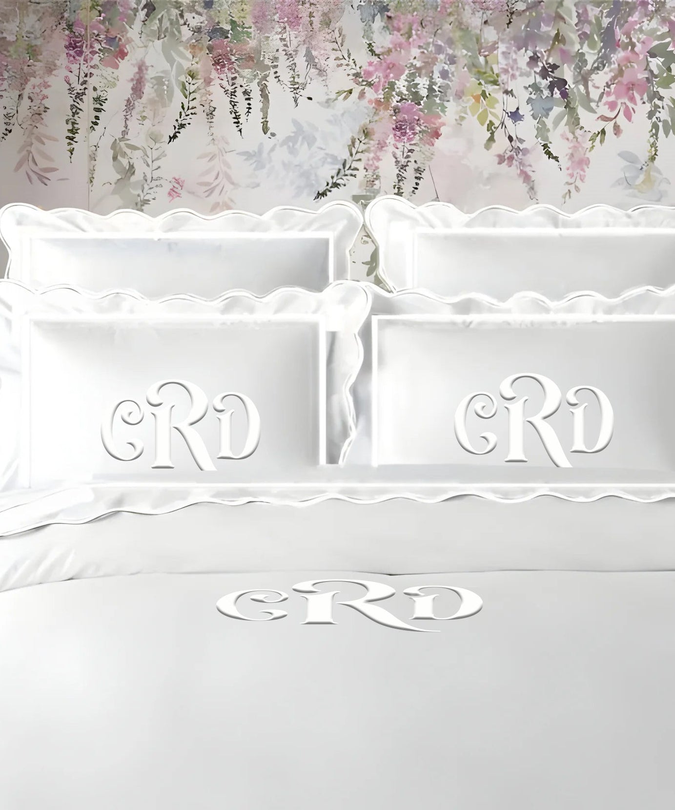 Monogram 400TC Cotton Scallop Embroidery & Border Sateen Solid Duvet Cover Set