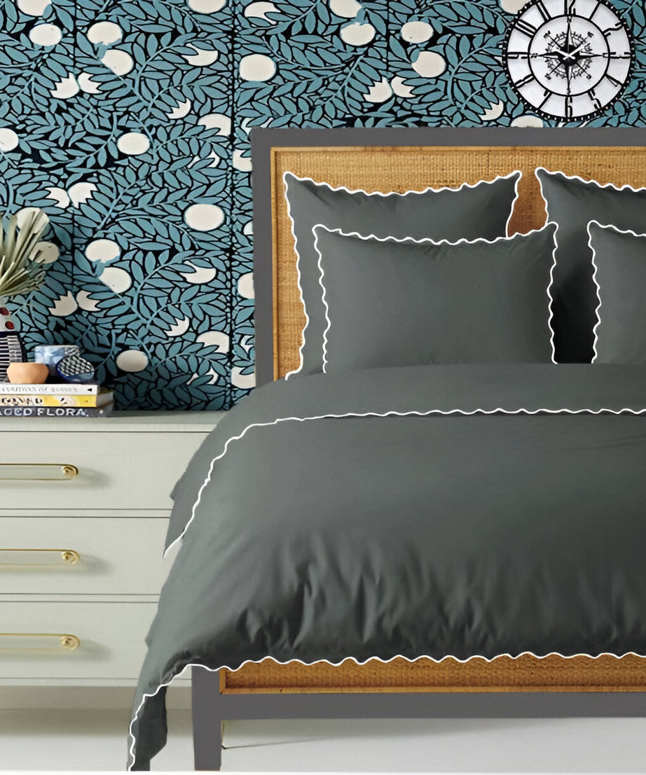 Dark Grey 400TC Cotton Small Scallop Embroidery Duvet Cover Set