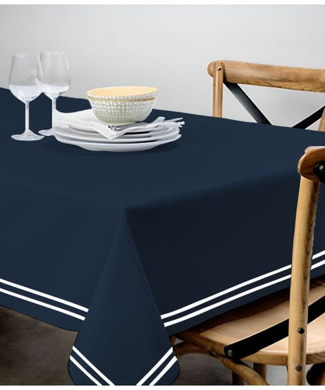 Double Embroidery Border Sateen Cotton Solid Table Cloth - Navy