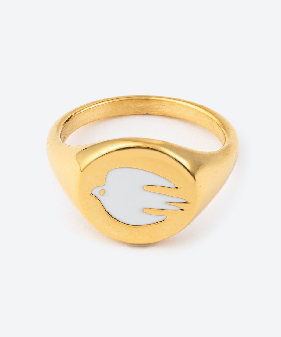 White Enamel Gold Dove Ring