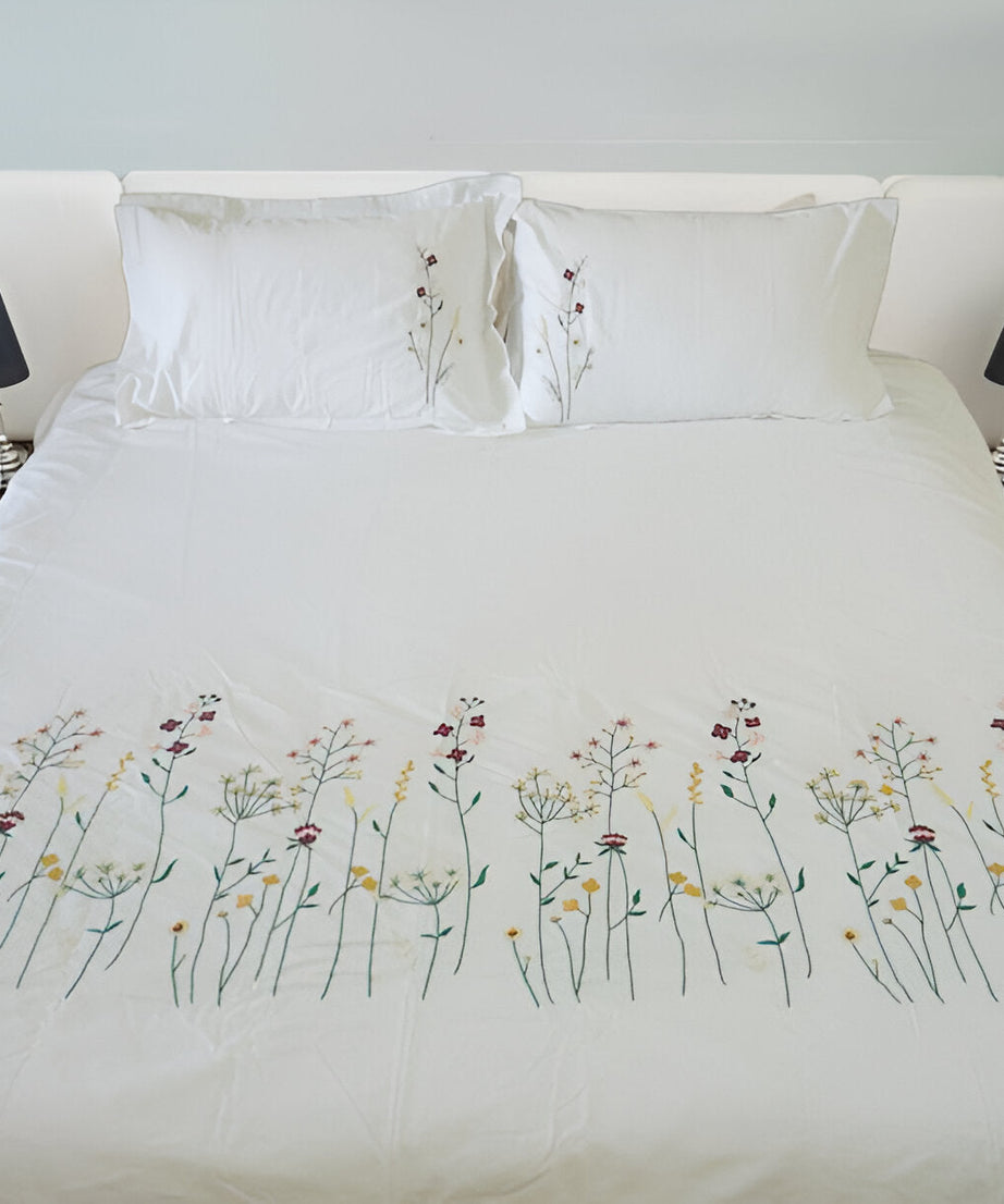 Floral Botanical Embroidered Cotton Sateen Duvet Cover Set