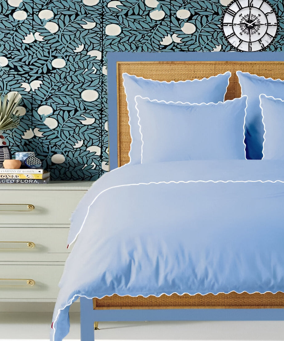 Light Blue 400TC Cotton Small Scallop Embroidery Duvet Cover Set