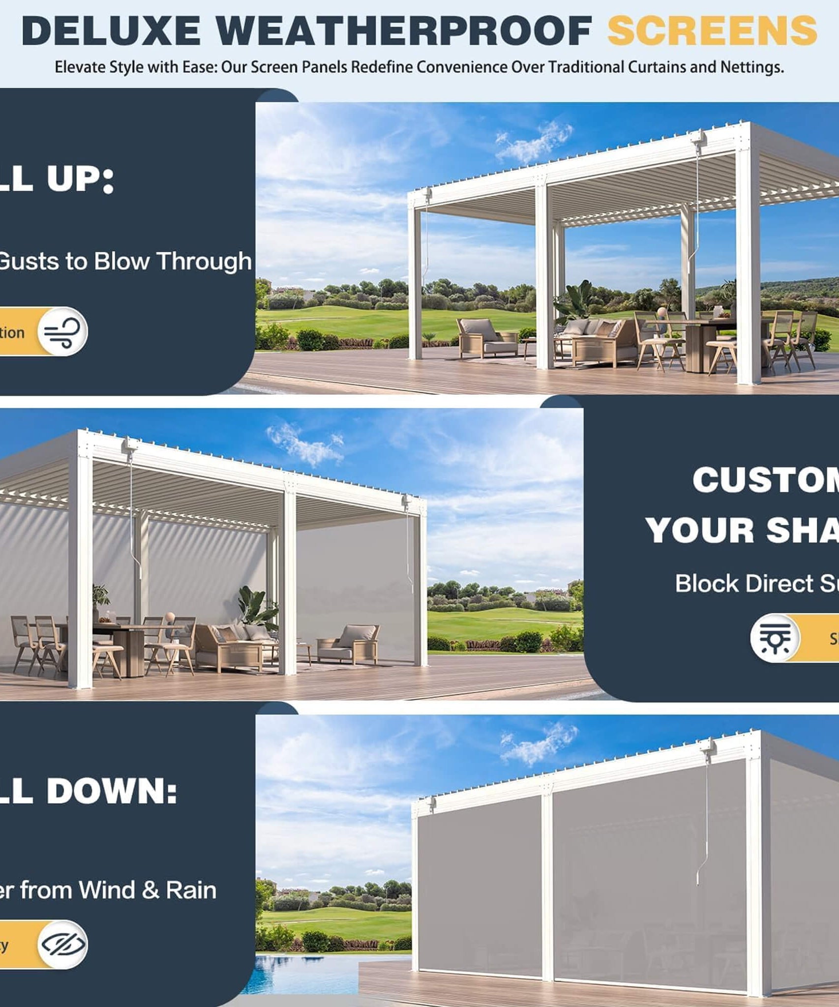 Alora Louvered Aluminum Pergola With Adjustable Roof And Pull-Down Screens (SAK46817)