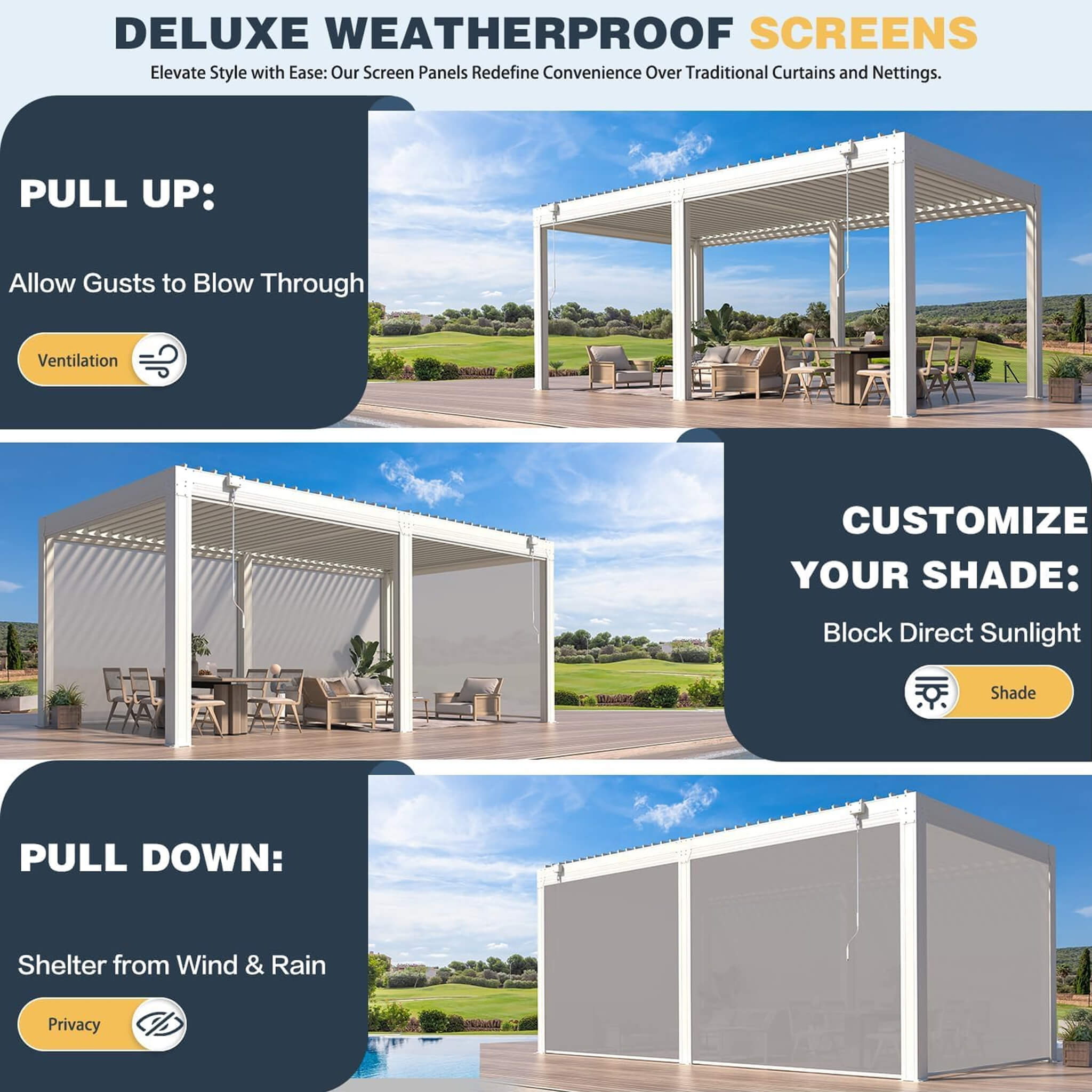Alora Louvered Aluminum Pergola With Adjustable Roof And Pull-Down Screens (SAK46817)