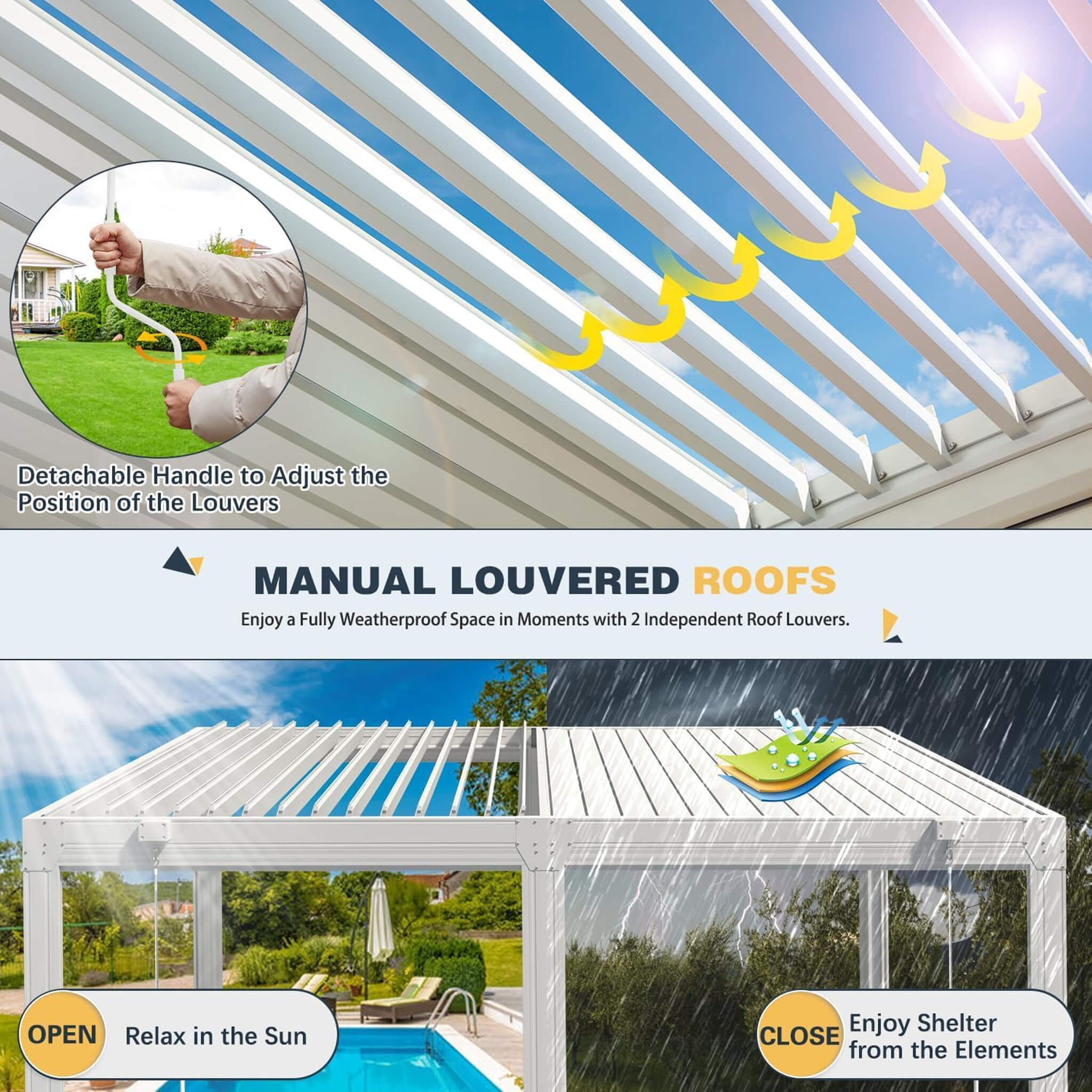 Alora Louvered Aluminum Pergola With Adjustable Roof And Pull-Down Screens (SAK46817)