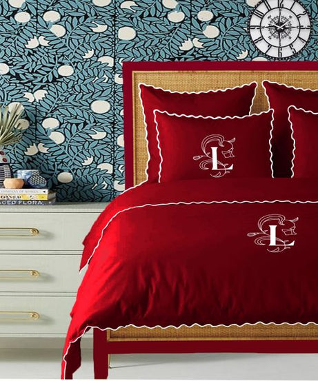 Monogram Burgundy 400TC Cotton Small Scallop Embroidery Duvet Cover Set