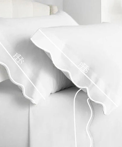 Monogram 400TC Cotton Scallop Embroidery & Border Sateen Solid Sheet Set