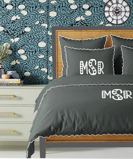 Monogram Dark Grey 400TC Cotton Small Scallop Embroidery Duvet Cover Set