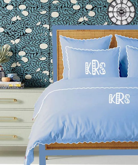 Monogram Light Blue 400TC Cotton Small Scallop Embroidery Duvet Cover Set
