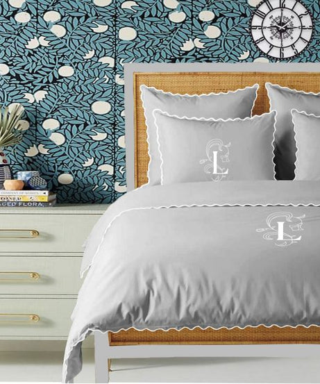 Monogram Light Grey 400TC Cotton Small Scallop Embroidery Duvet Cover Set