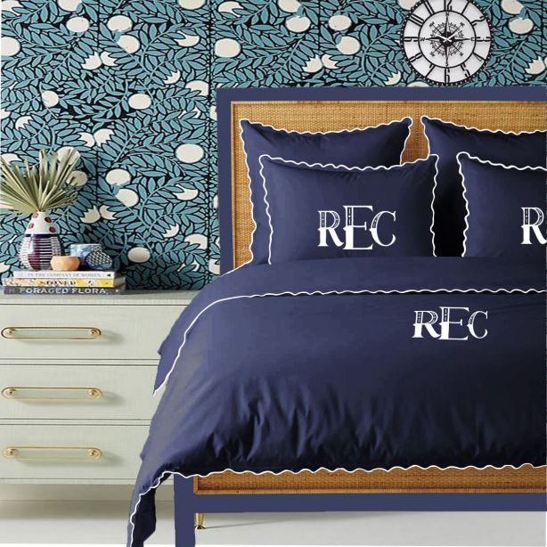 Monogram Navy 400TC Cotton Small Scallop Embroidery Duvet Cover Set