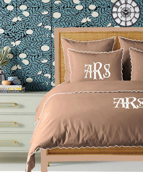 Monogram Taupe 400TC Cotton Small Scallop Embroidery Duvet Cover Set