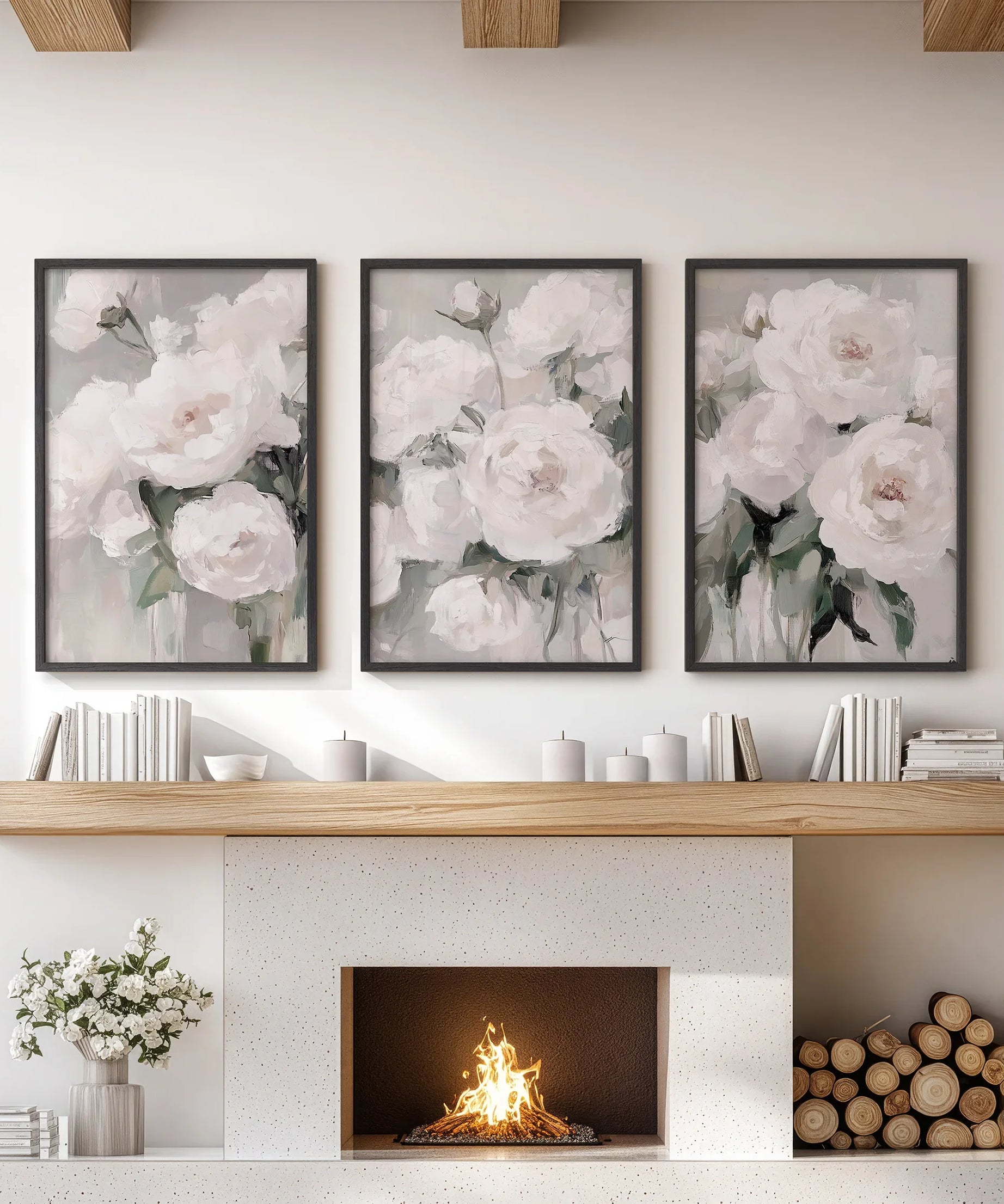 Romantic White Flower 3 Piece Wall Art. Peony Painting Print