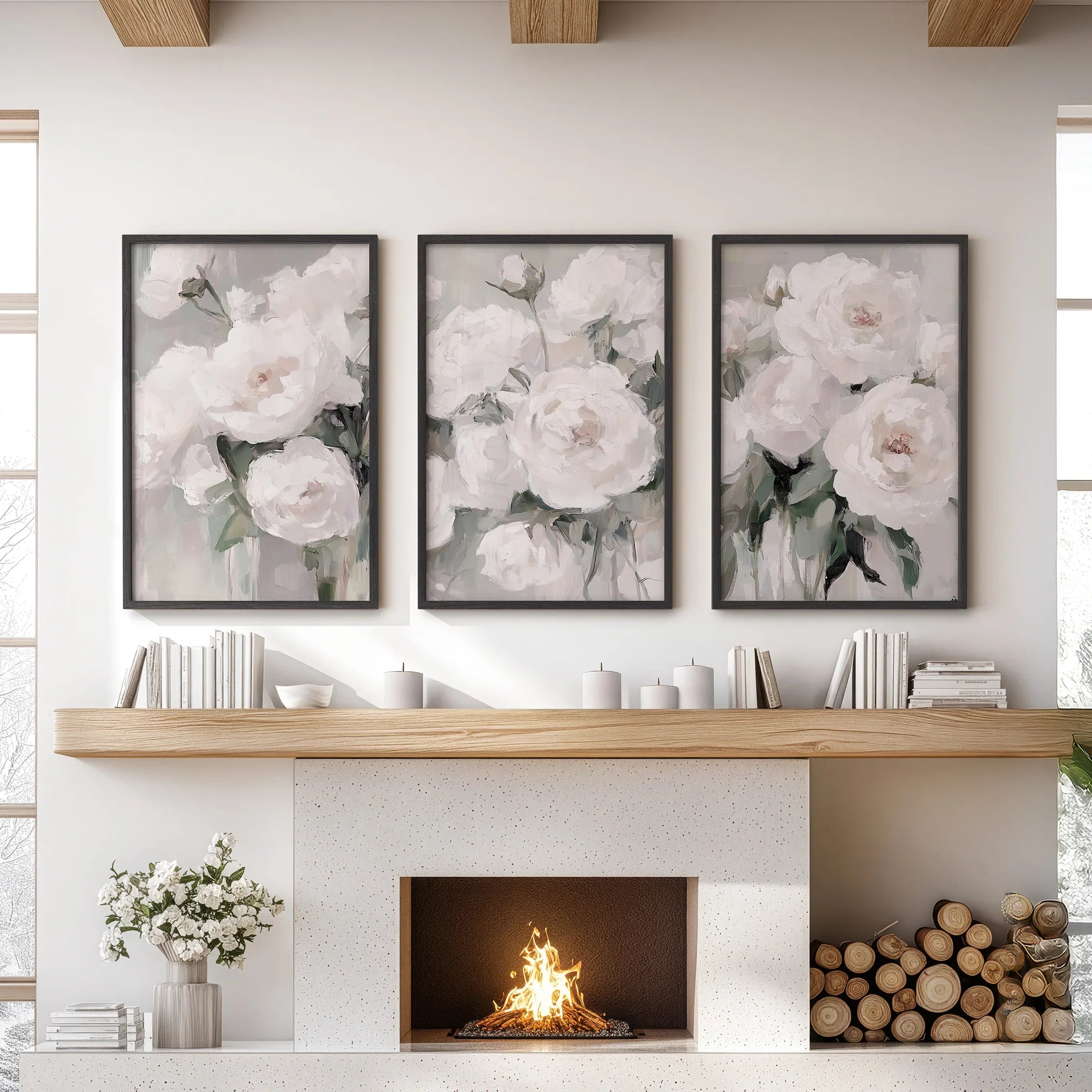 Romantic White Flower 3 Piece Wall Art. Peony Painting Print