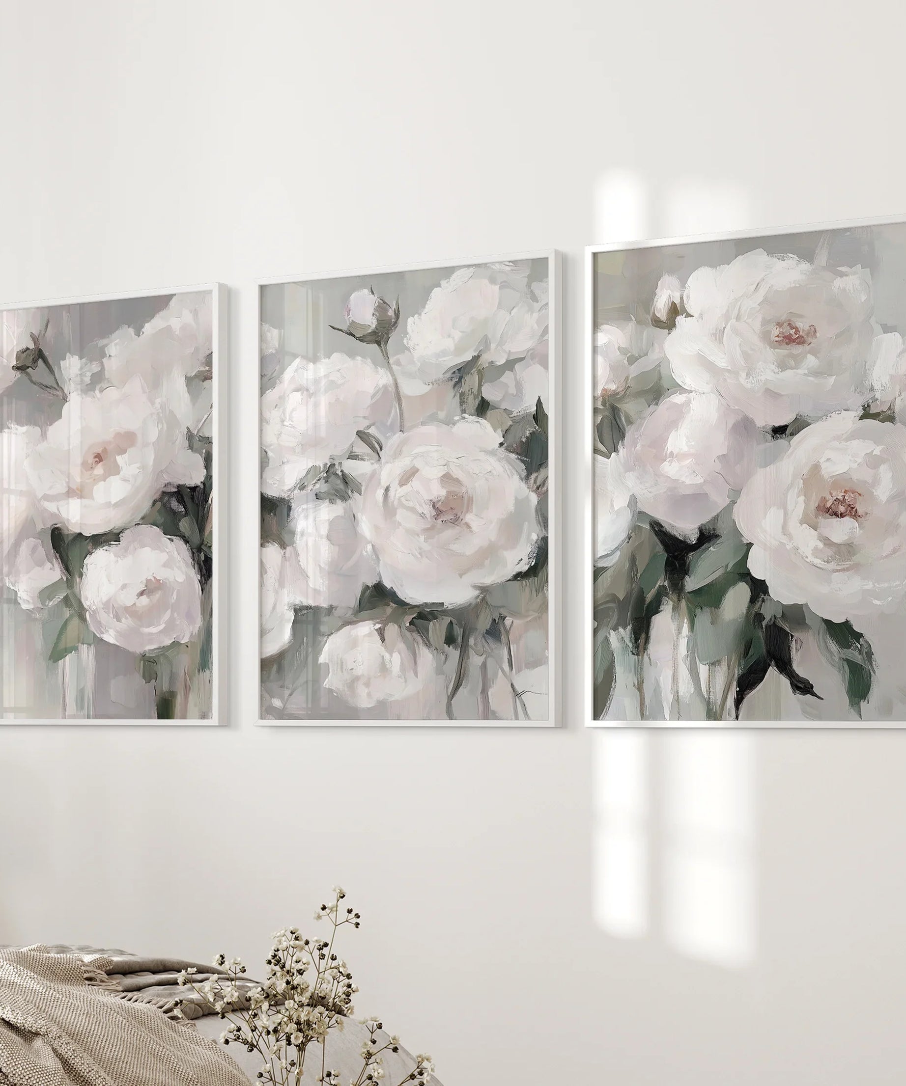 Romantic White Flower 3 Piece Wall Art. Peony Painting Print