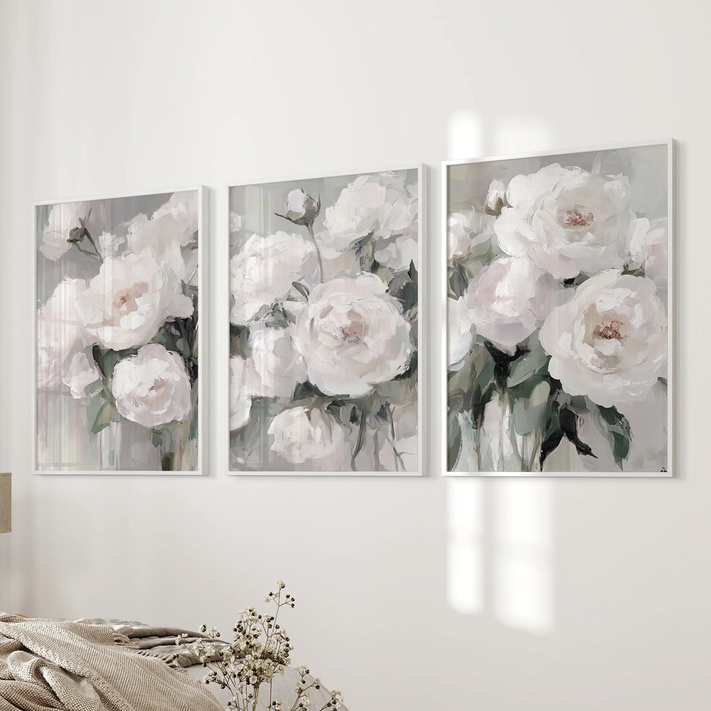 Romantic White Flower 3 Piece Wall Art. Peony Painting Print