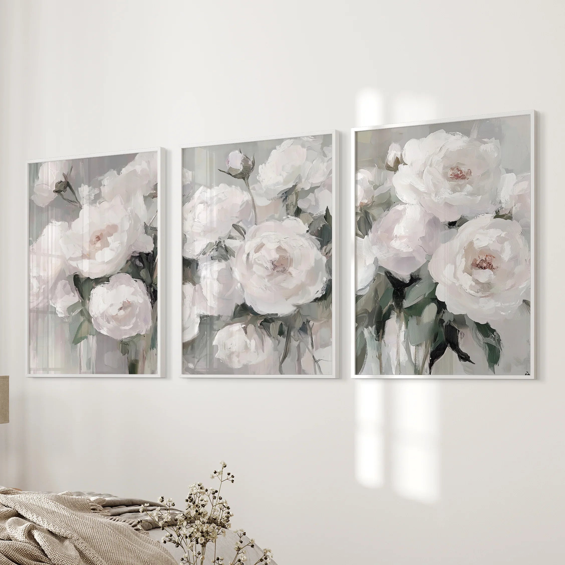 Romantic White Flower 3 Piece Wall Art. Peony Painting Print