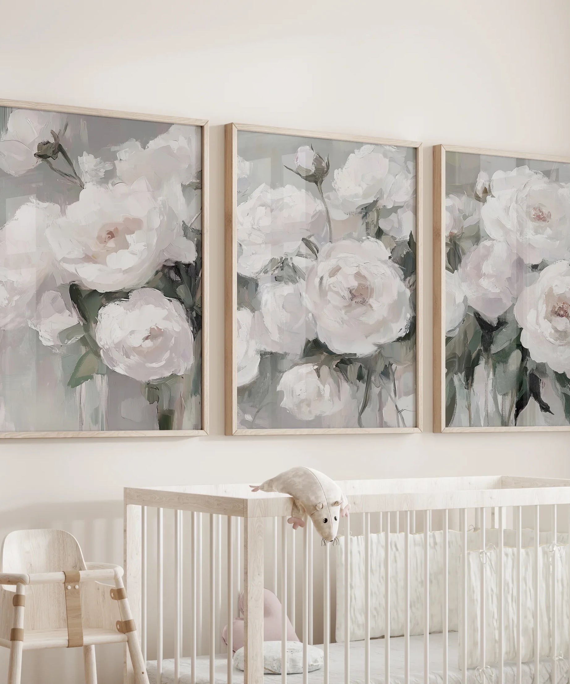 Romantic White Flower 3 Piece Wall Art. Peony Painting Print