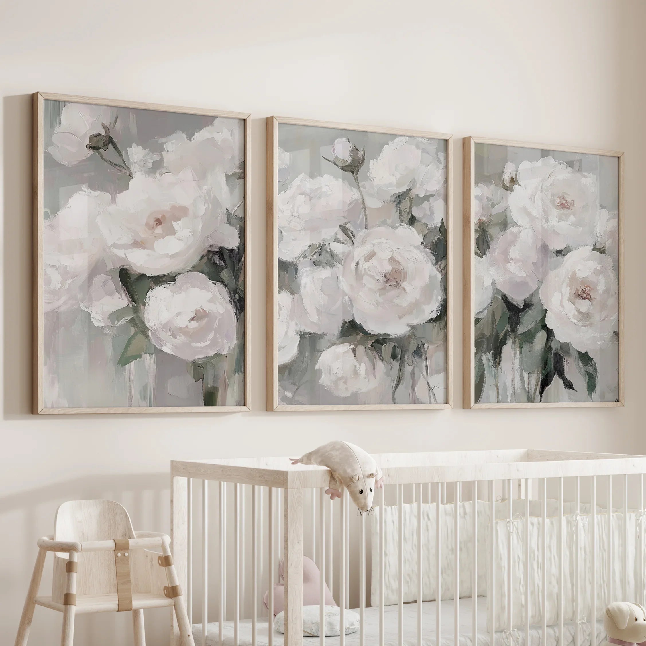 Romantic White Flower 3 Piece Wall Art. Peony Painting Print