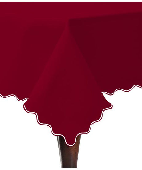 Scallop Embroidery Sateen Cotton Solid Table Cloth - Burgundy