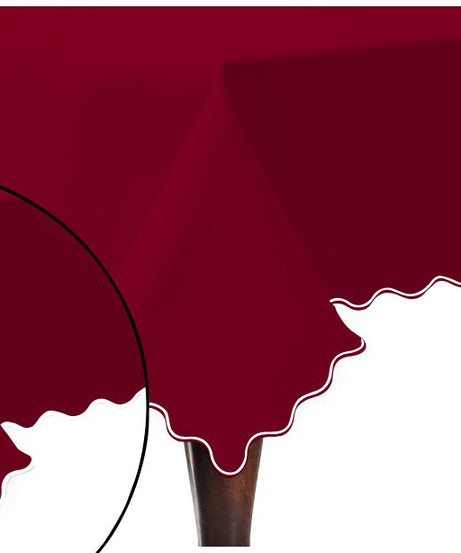 Scallop Embroidery Sateen Cotton Solid Table Cloth - Burgundy