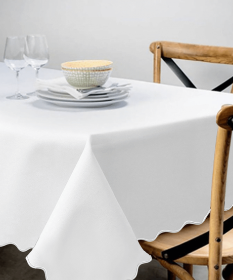 Scallop Embroidery Sateen Poly Cotton Solid Table Cloth