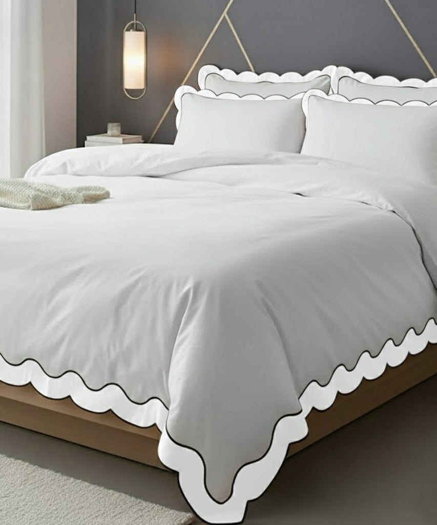 Scalloped & Wavy Applique Embroidery Cotton Duvet Cover Set