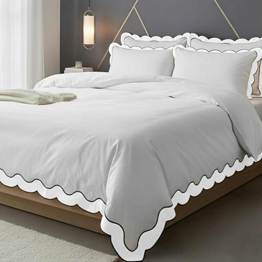 Scalloped & Wavy Applique Embroidery Cotton Duvet Cover Set