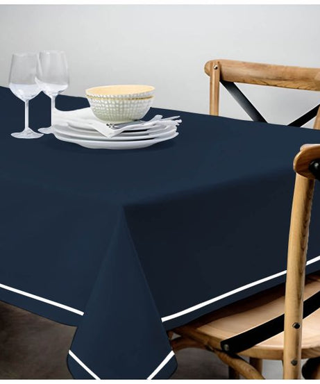 Single Embroidery Border Sateen Cotton Solid Table Cloth - Navy