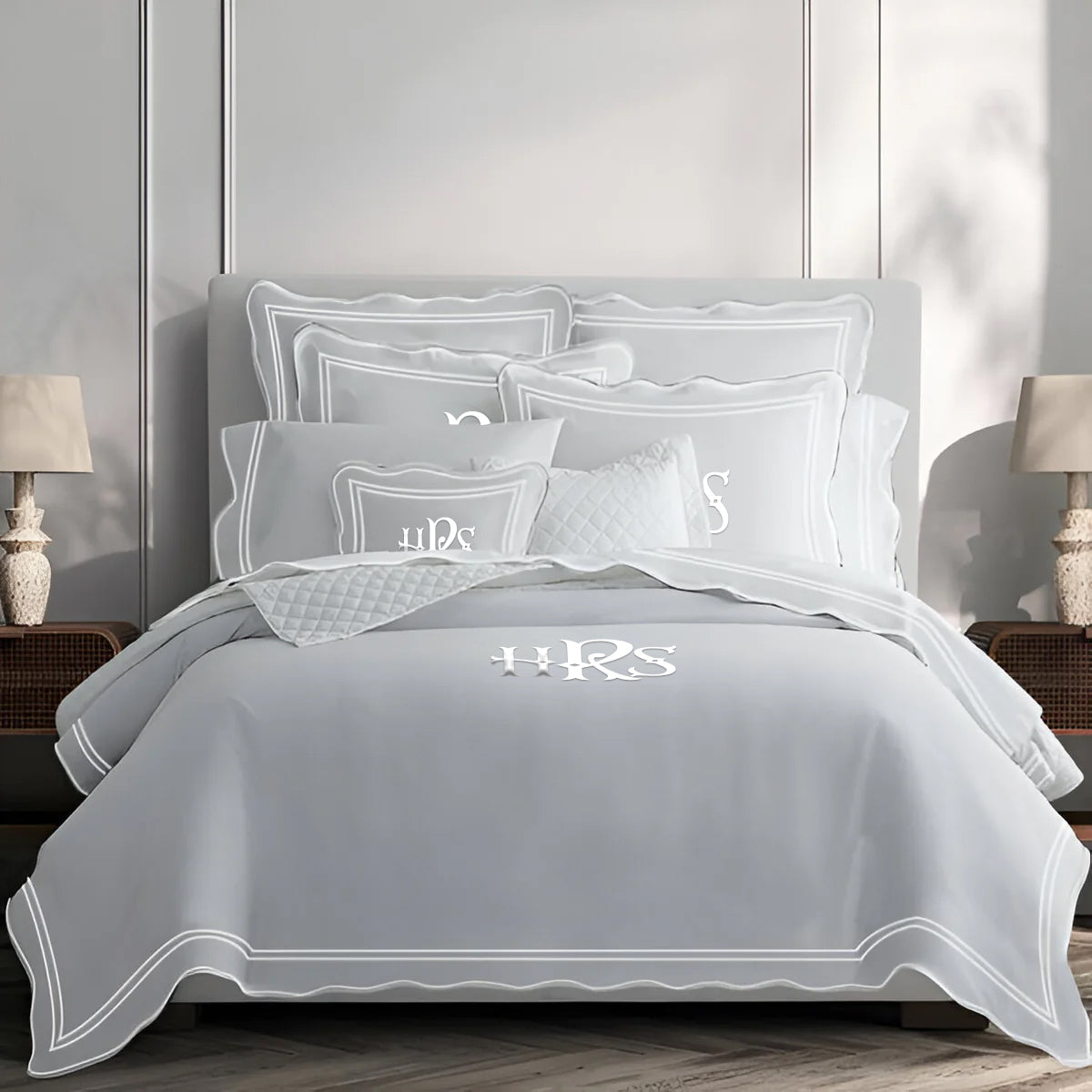 Monogram 400TC Wavy Embroidery & Border Cotton Sateen Solid Duvet Cover Set