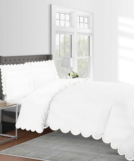 Allena 400TC Cotton Scallop Embroidery Sateen Microcheck Duvet Cover Set