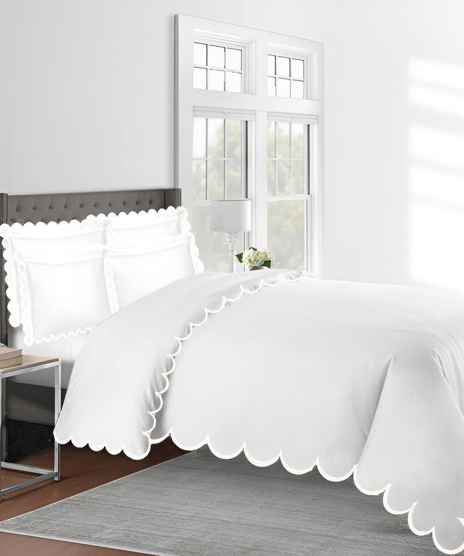 Allena 400TC Cotton Scallop Embroidery Sateen Solid Duvet Cover Set