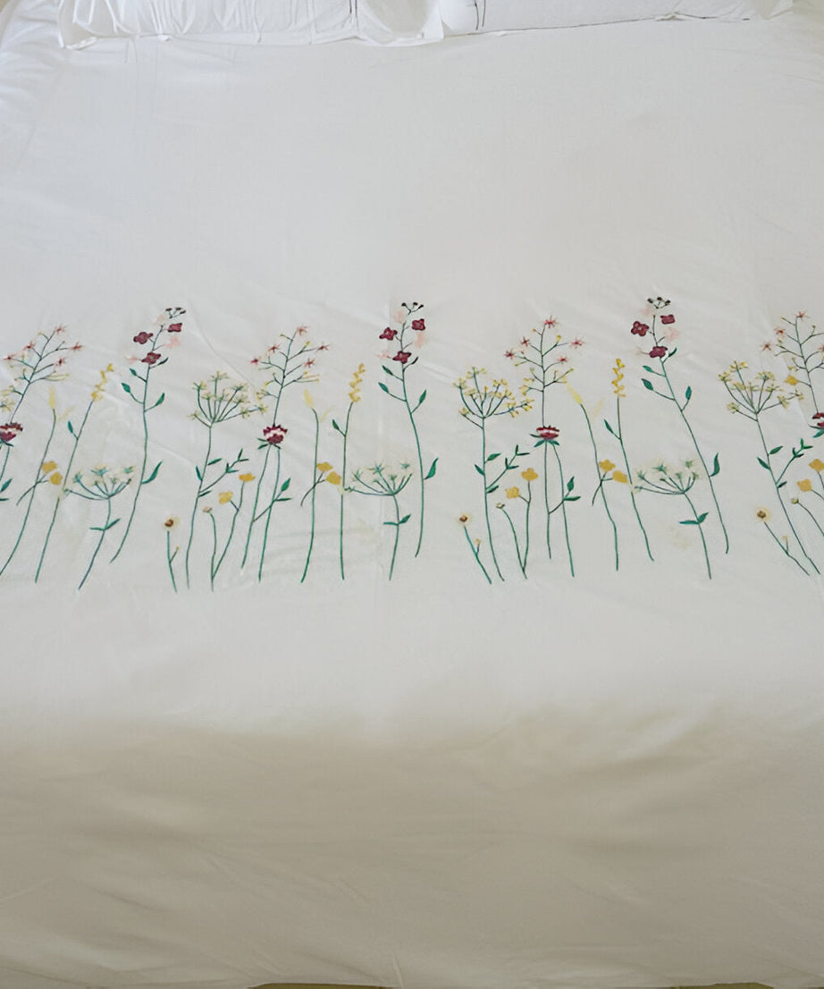 Floral Botanical Embroidered Cotton Sateen Duvet Cover Set
