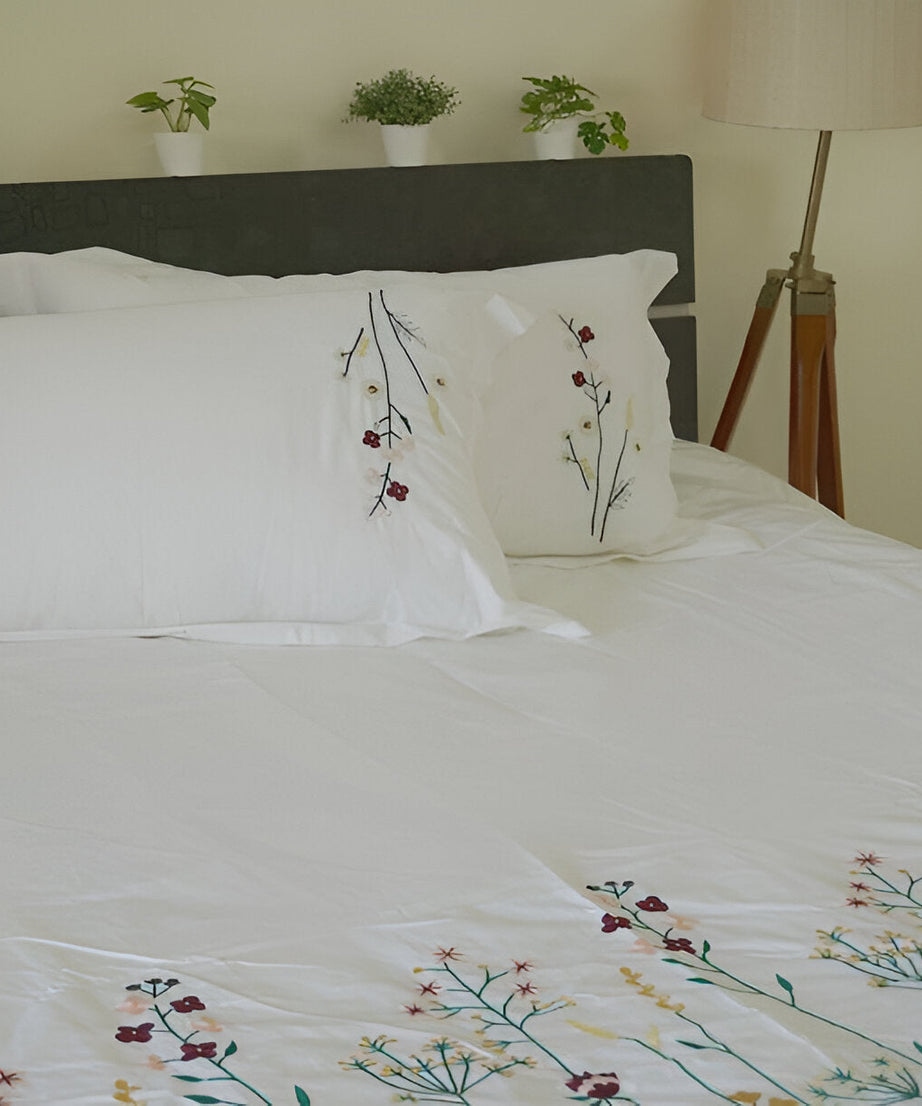 Floral Botanical Embroidered Cotton Sateen Duvet Cover Set