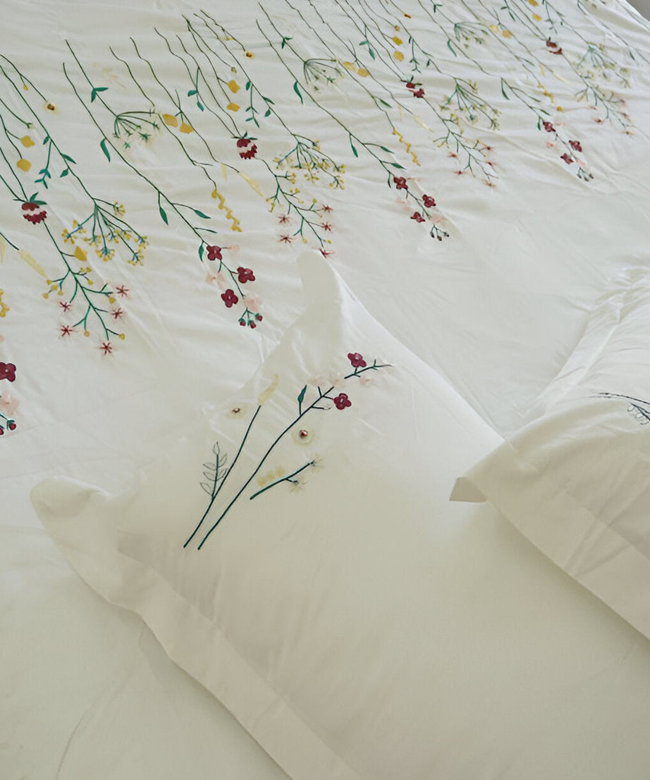 Floral Botanical Embroidered Cotton Sateen Duvet Cover Set
