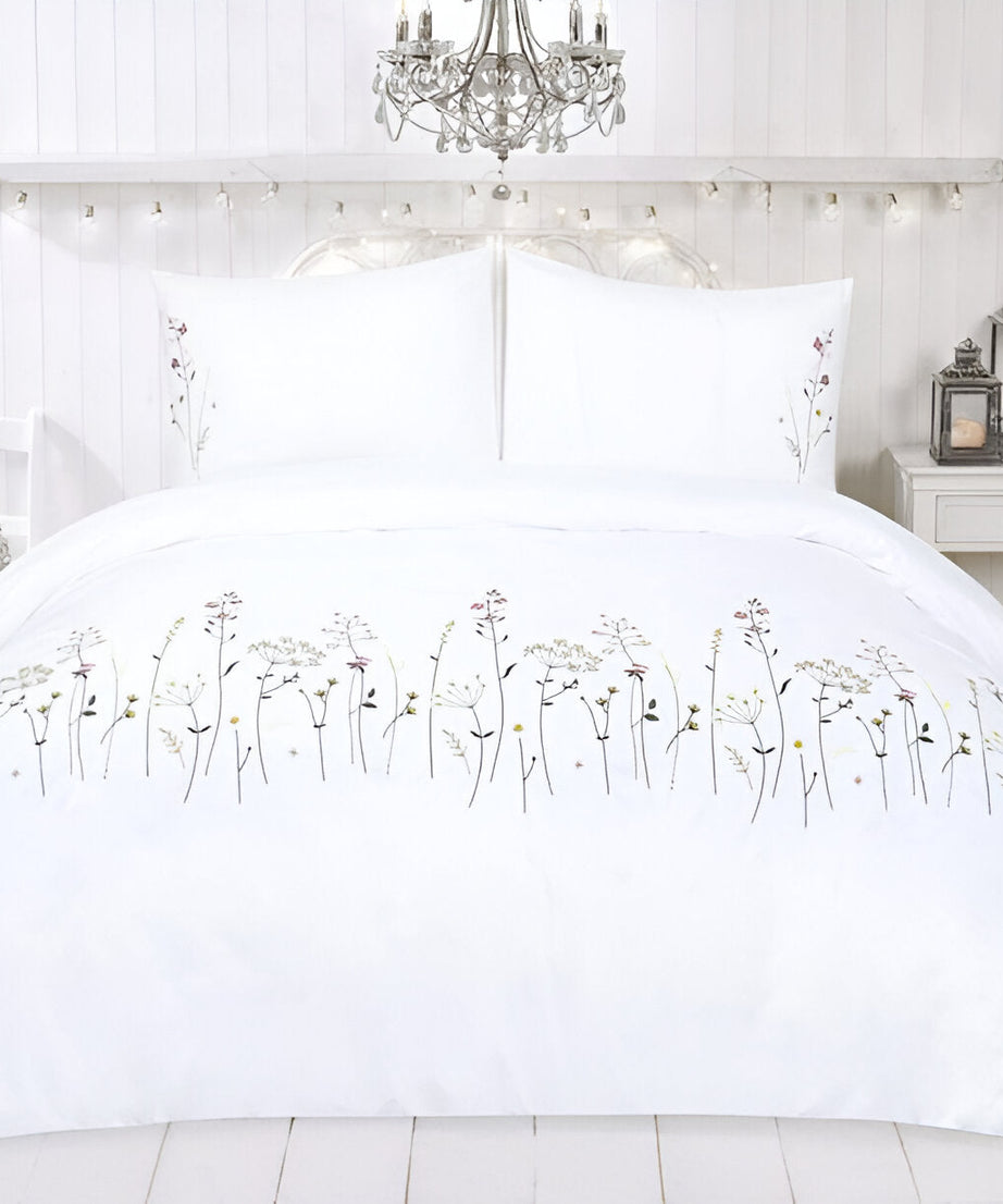 Floral Botanical Embroidered Cotton Sateen Duvet Cover Set