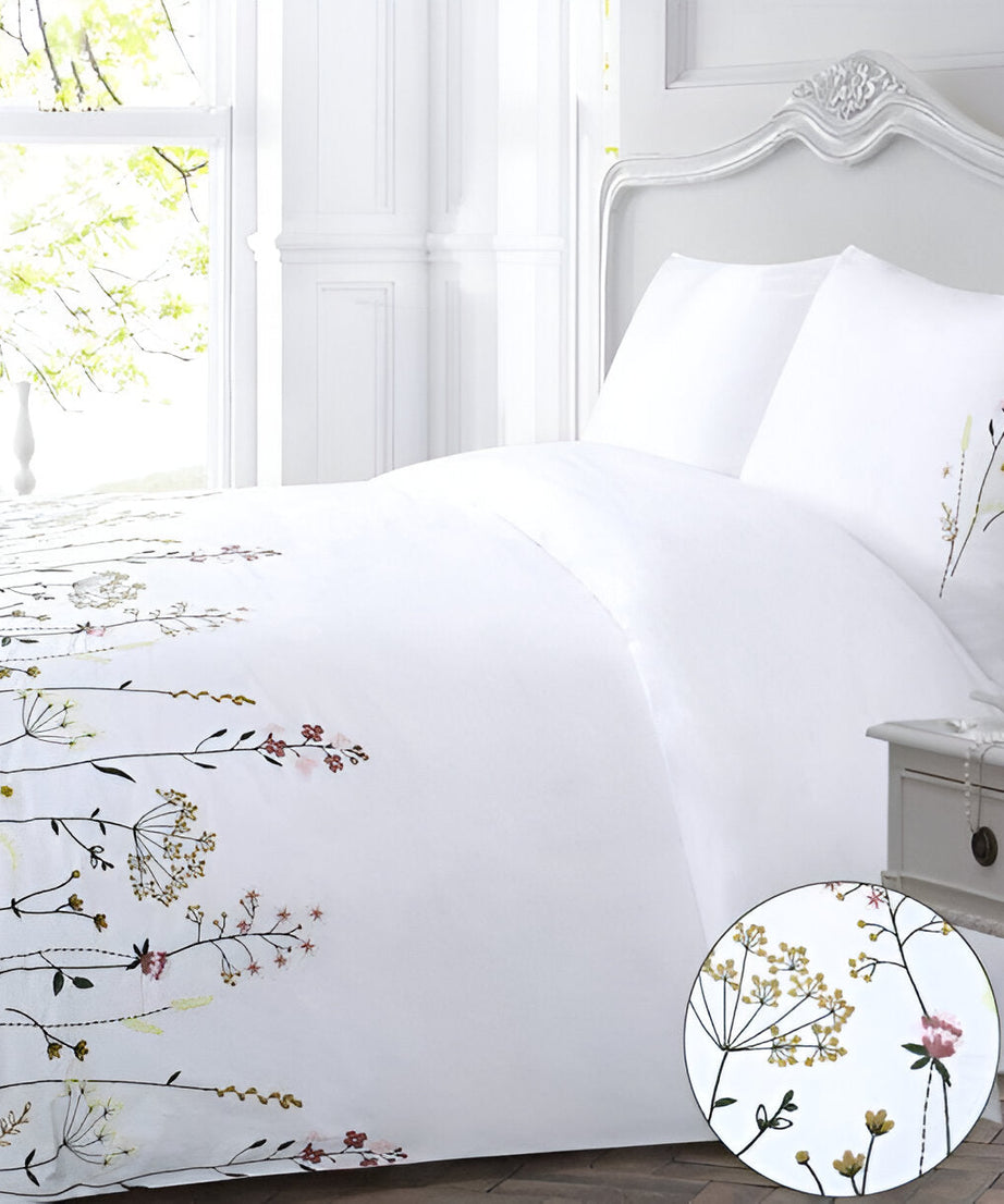 Floral Botanical Embroidered Cotton Sateen Duvet Cover Set