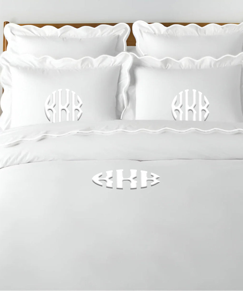 Monogram 400TC Cotton Scallop Embroidery Sateen Solid Duvet Cover Set
