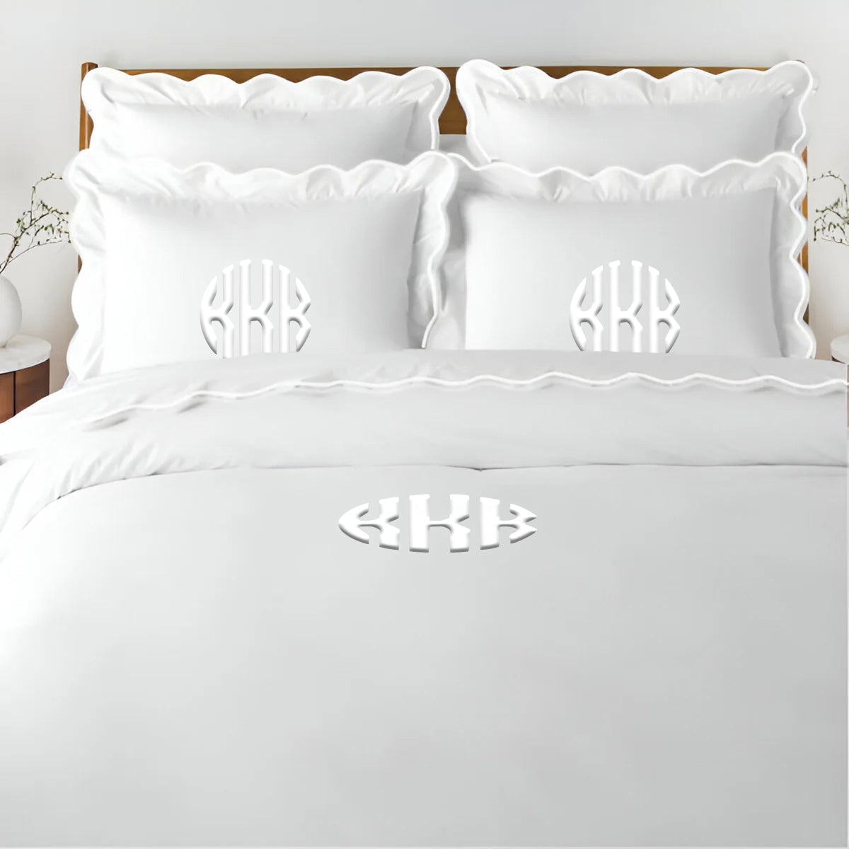 Monogram 400TC Cotton Scallop Embroidery Sateen Solid Duvet Cover Set
