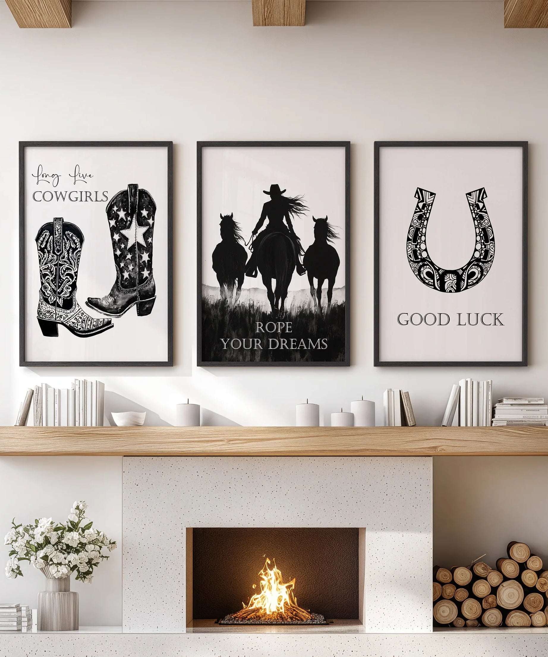 Black White Western Cowgirl 3 Piece Art. Boots, Horseshoe